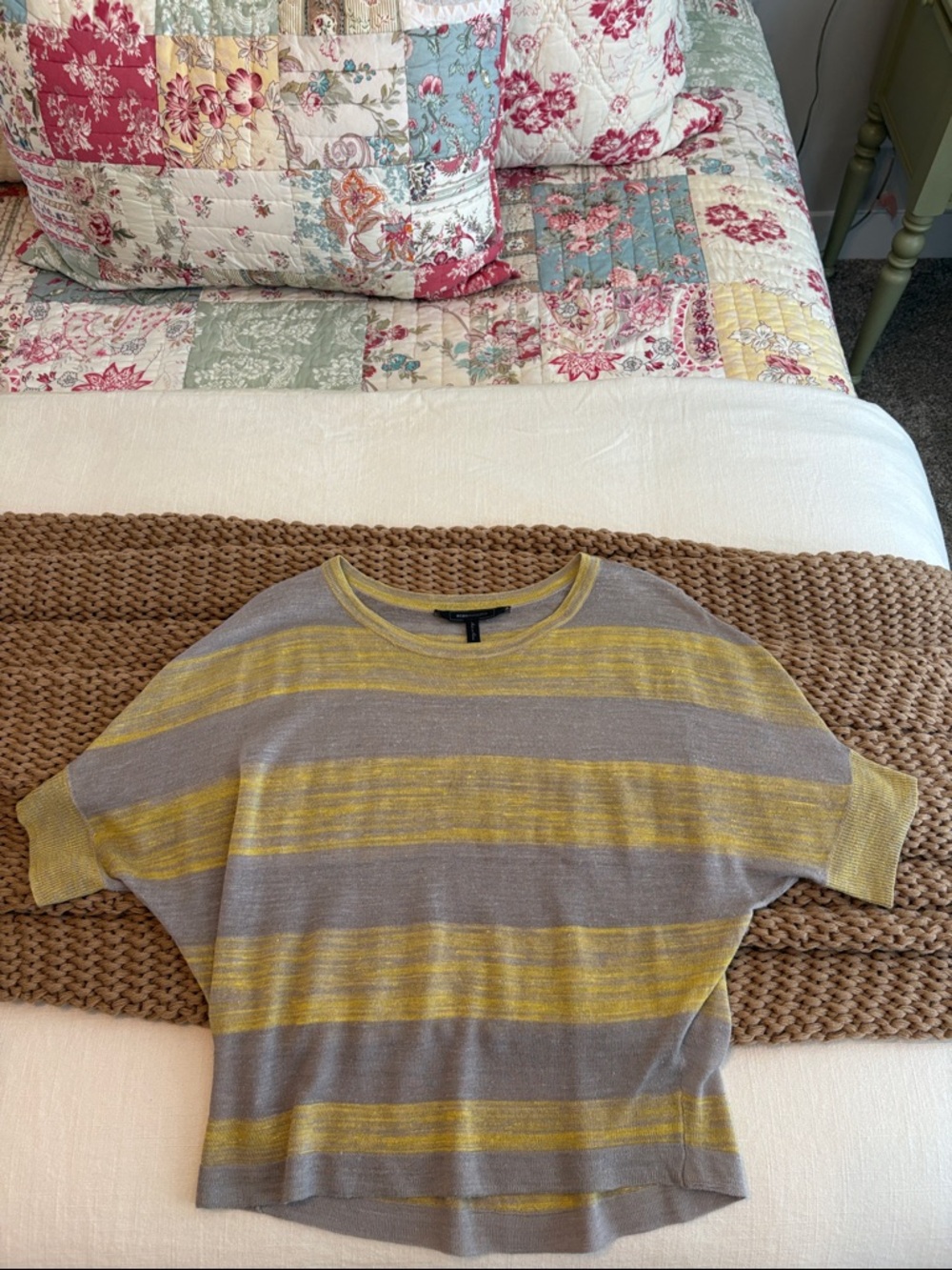 BCBG Striped Short-Sleeve Knit Top in Yellow and Gray